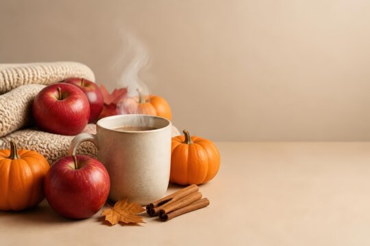 Steaming Mug with Apples and Mini Pumpkins