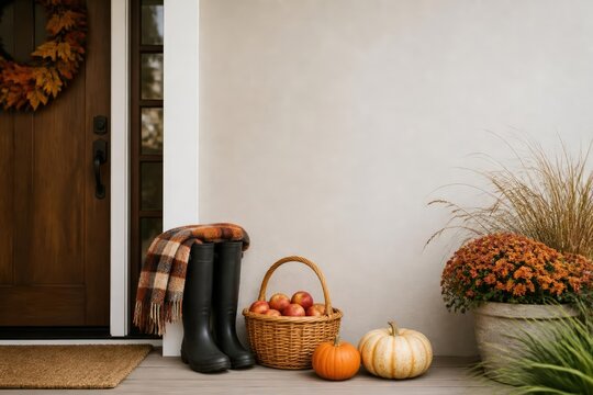 Autumn porch decor with pumpkins basket and boots