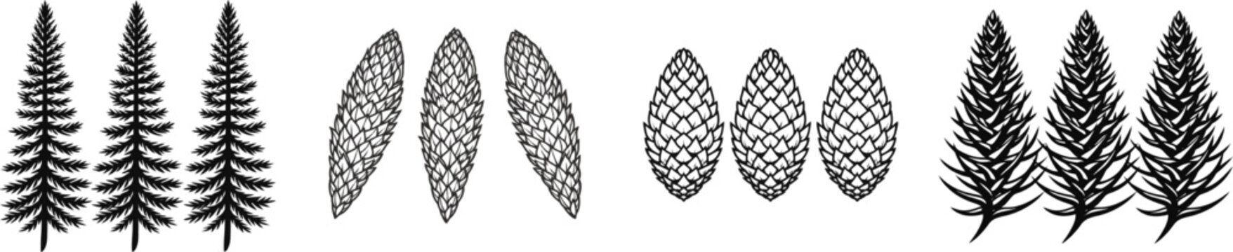 Three club moss strobili in a flat shape iconography float freely against a white background, defined by their solid geometric outlines in black monochrome