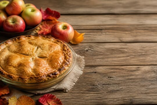 Golden apple pie on rustic wooden table