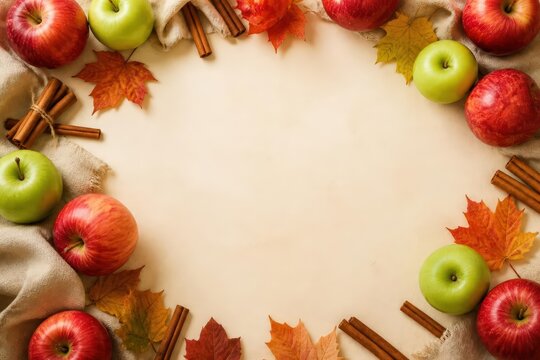 Autumn apple and cinnamon border with blank center