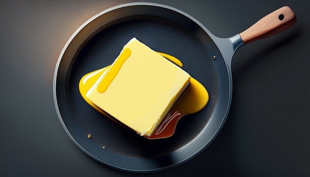 piece of butter in shape of parallelepiped began to melt in hot frying pan with dark non stick surface minimalist food art geometric shape melting process clear composition top to bottom