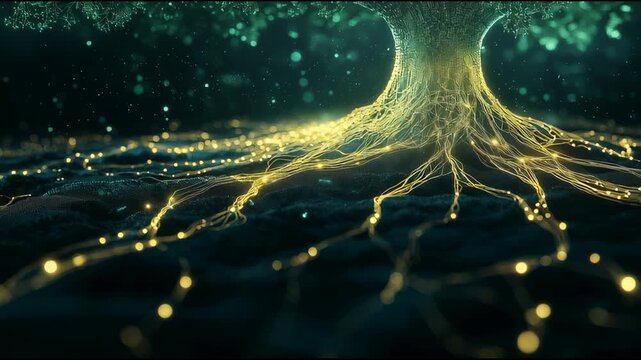 Glowing tree roots spread through dark ground with luminous strands and floating particles, creating a mystical nature scene for fantasy and environment themes.