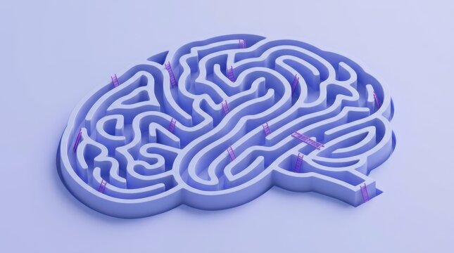 A human brain shaped maze with small pink ladders connecting different pathways and sections.