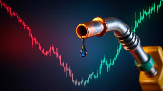 Oil price decline concept with leaking pipe representing energy crisis and economic downturn