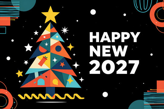 Abstract Geometric Modern Happy New Year 2027 Christmas Tree Celebration Banner