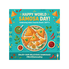 Fototapeta premium Happy World Samosa Day banner celebrating crispy assorted samosas with vibrant spices, herbs, sauces, joy 