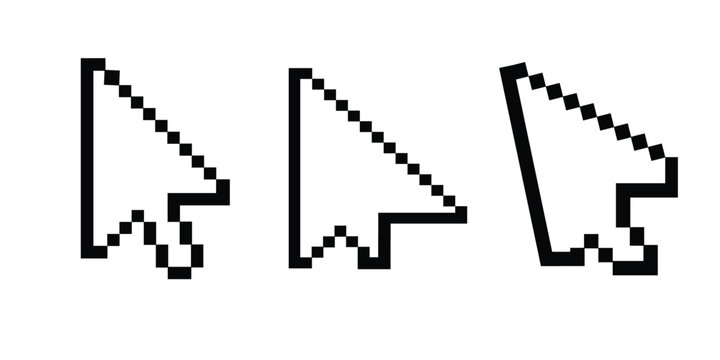 Black pixelated computer mouse cursor on white background
