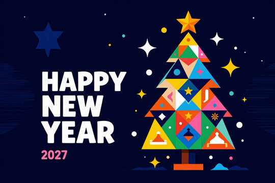 Abstract Geometric Modern Happy New Year 2027 Christmas Tree Celebration Banner