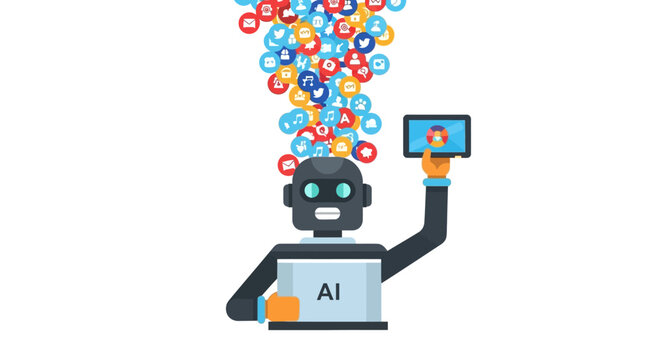 AI Robot Illustration Processing Social Media Icons and Digital Data on Laptop and Mobile Device