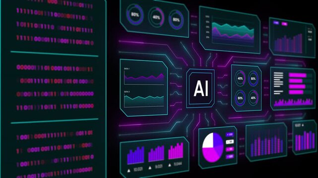 Futuristic digital interface with purple charts showing AI machine learning data processing and analytics.