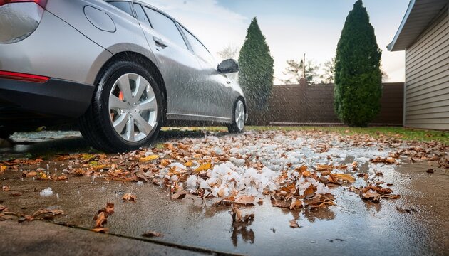 hail falling on a compact silver hatchback car in driveway suburban home hailstorm debris low angle hail stones leaves on the ground hail damaged roof car weather insurance claim concept pdr