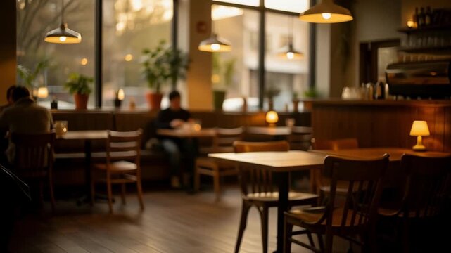 Cozy Caf&eacute; Interior at Golden Hour with Warm Wooden Furniture, Soft Lighting and Peaceful Atmosphere in Cinematic