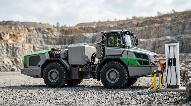 Electric articulated haul truck with battery pack housing and regenerative braking beside rock ballast and a fast-charging pedestal near a quarry.
