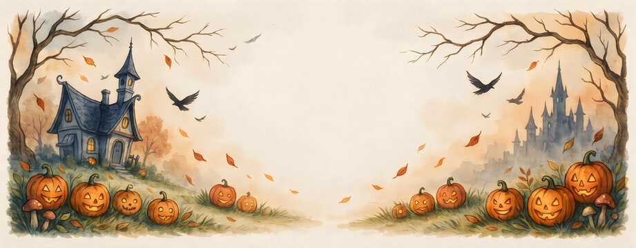 A festive halloween banner featuring a spooky haunted house surrounded by orange pumpkins and autumn leaves in watercolor art style
