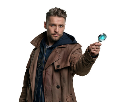 Handsome Man in Trench Coat Holding Magical Magnifying Glass isolated on transparent or white background, png