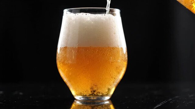 Pouring golden beer into a glass, creating foam, close-up shot, dark background