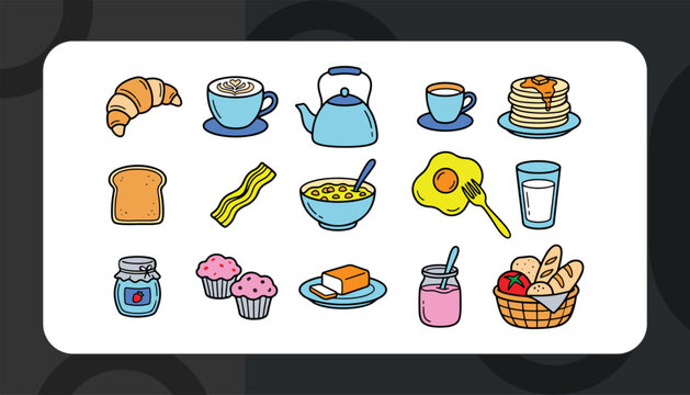 Hand Drawn Breakfast Food and Beverage Vector Icon Collection Featuring Coffee, Tea, Croissants, Pancakes, Eggs, Toast, Jam and Bakery Items