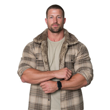 Confident Man in Plaid Jacket with Faux Fur Collar isolated on transparent or white background, png