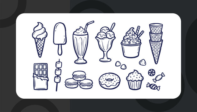 Hand Drawn Dessert Doodle Vector Icon Set Featuring Ice Cream, Popsicles, Milkshakes, Cupcakes, Donuts, Chocolates and Sweet Treats