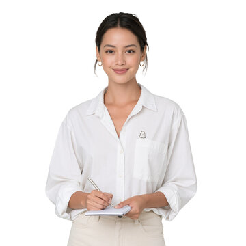 Smiling Young Woman Writing in Notebook isolated on transparent or white background, png