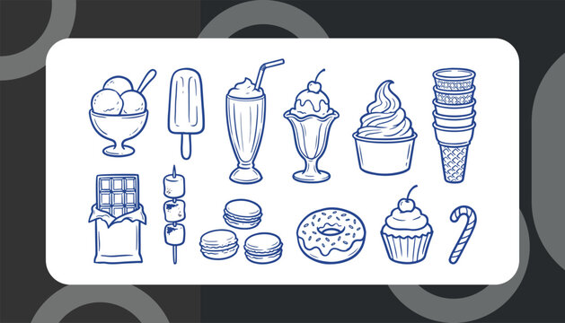 Hand Drawn Ice Cream and Dessert Doodle Vector Icon Collection Featuring Sundaes, Popsicles, Milkshakes, Cupcakes, Donuts, Chocolates, Macarons and Sweet Treats