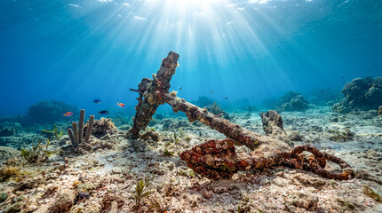 Fototapeta premium Antigua ancla oxidada sobre el fondo marino iluminada por rayos de sol que atraviesan el agua cristalina. Escena submarina tropical de gran realismo y serenidad.