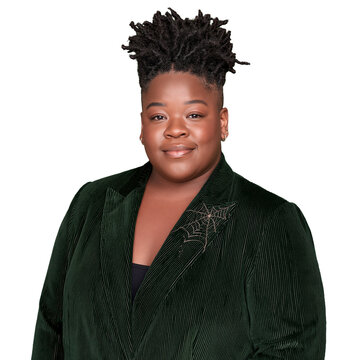 Smiling Plus Size Black Woman in Green Corduroy Suit isolated on transparent or white background, png