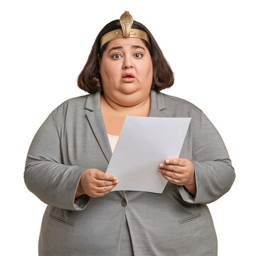 Surprised Plus Size Woman in Pharaoh Headdress and Grey Suit isolated on transparent or white background, png