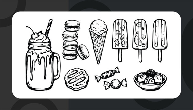 Hand Drawn Sweet Treats and Dessert Vector Icon Collection Featuring Milkshakes, Ice Cream, Popsicles, Macarons, Cookies, Candies and Chocolates