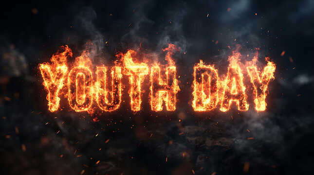 Youth day text written in burning flames against dark background with typography