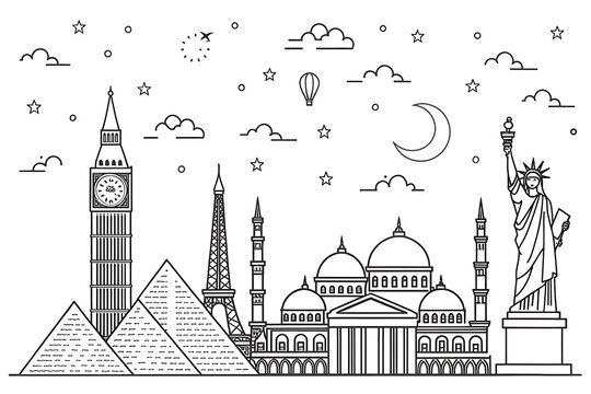 Illustrated landmarks including big ben, eiffel tower, pyramids, taj mahal and statue of liberty