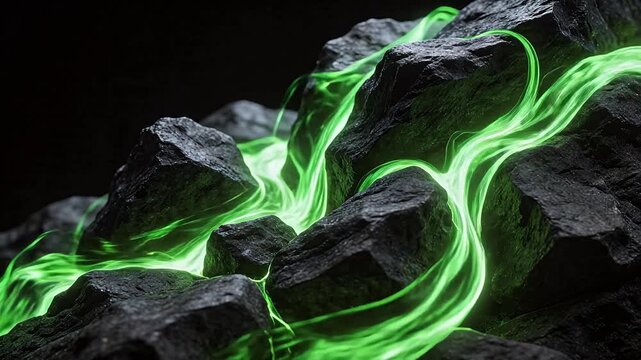 Glowing green energy over rocks