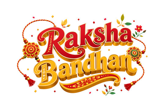  Raksha Bandhan typography 3D text design in red and gold with traditional rakhi thread and floral accents for Indian festival greeting card.