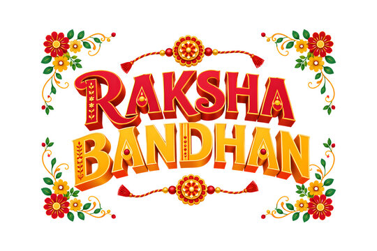 Raksha Bandhan typography banner in red and gold with traditional rakhi thread and floral decoration for Indian festival greeting card.