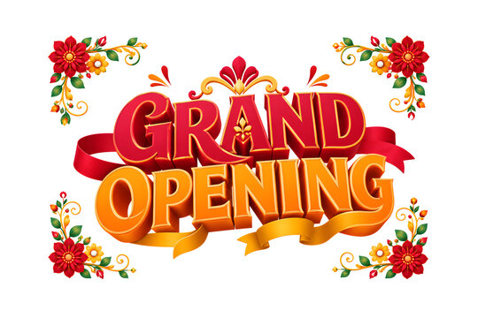 3D Grand Opening typography banner with red ribbon and floral decoration for new business launch.