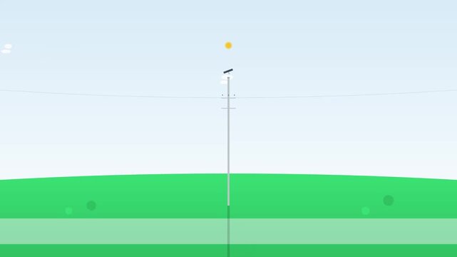 Cartoon landscape of green hills and sunny sky with power pole