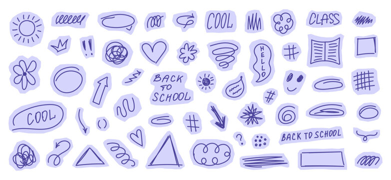 Set of cute kids scrapbook elements. Scribble speech bubbles, rectangles, squiggles, arrows, lines and shapes. Back to school set. Vector illustration