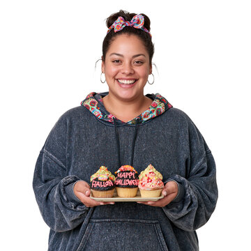 Smiling Plus Size Woman in Hoodie Holding Tray of Halloween Cupcakes isolated on transparent or white background, png