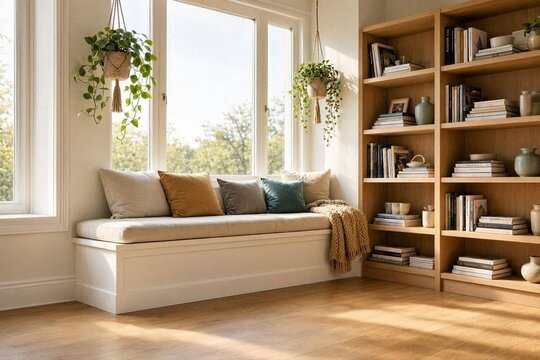 A cozy modern reading nook with built-in window seat, soft cushions, open bookshelves