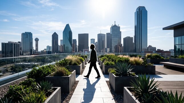 Businessperson Walking Forward on Rooftop Garden Overlooking City Skyline