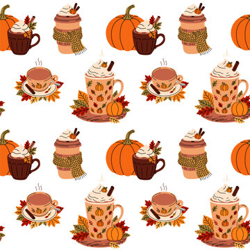 Seamless Autumn Coffee Pattern with Pumpkins and Leaves