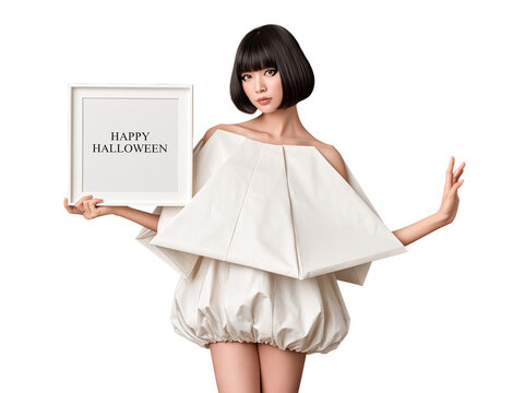Stylish Woman with Bob Haircut in White Origami Dress Holding Happy Halloween Frame isolated on transparent or white background, png