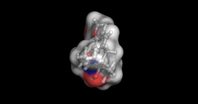 Oxycodone, semi-synthetic opioid analgesic for severe pain management, 3D molecule 4K spinning