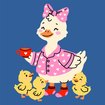 Cute Mother Duck in Pink Pajamas with Ducklings