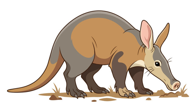 Cute Aardvark Vector Illustration Sniffing Ground, African Ant Eater Wildlife Animal Character Design Isolated on White