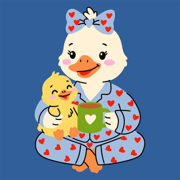 Cute Mother Duck Holding Duckling and Coffee Mug