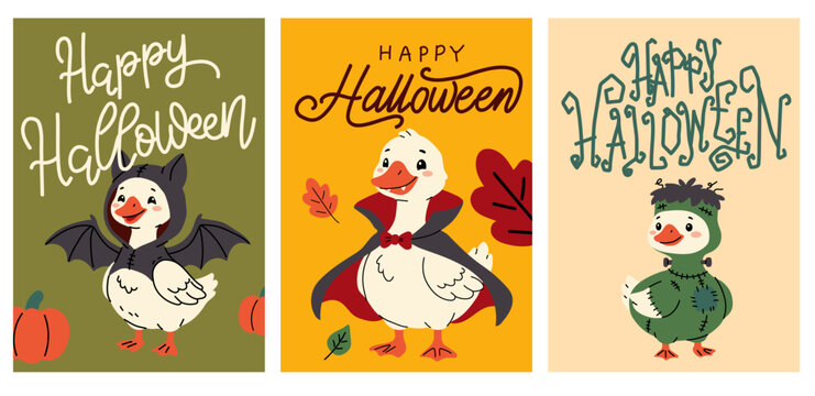 Halloween Goose Cards with Bat Vampire and Monster Costumes