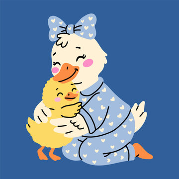 Cute Mama Duck Cuddling Happy Yellow Duckling