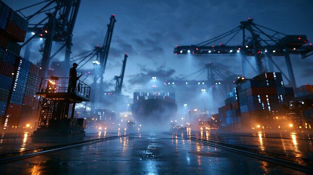 Cargo Shipping Port Operations at Dusk with Container Cranes